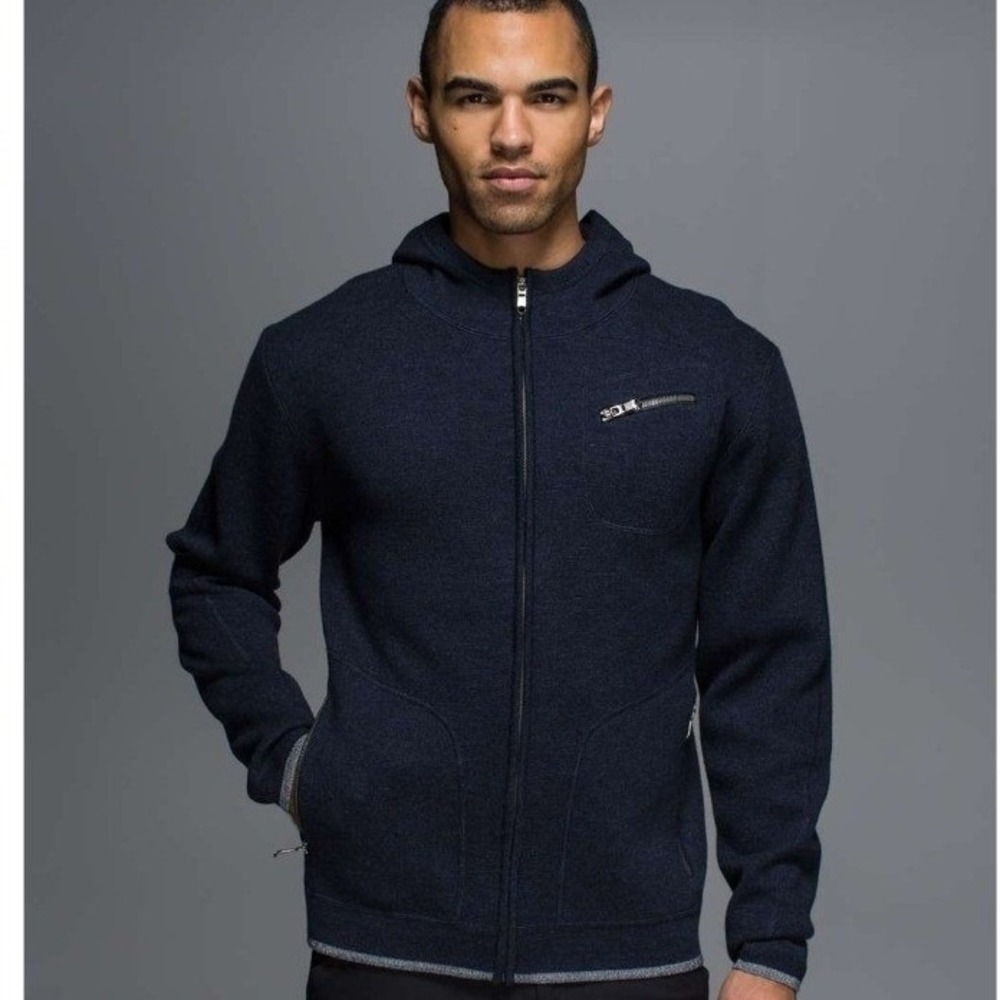 Lululemon Men M Full Zip Hooded Sweater Navy Blue Knit Jacket Pocket